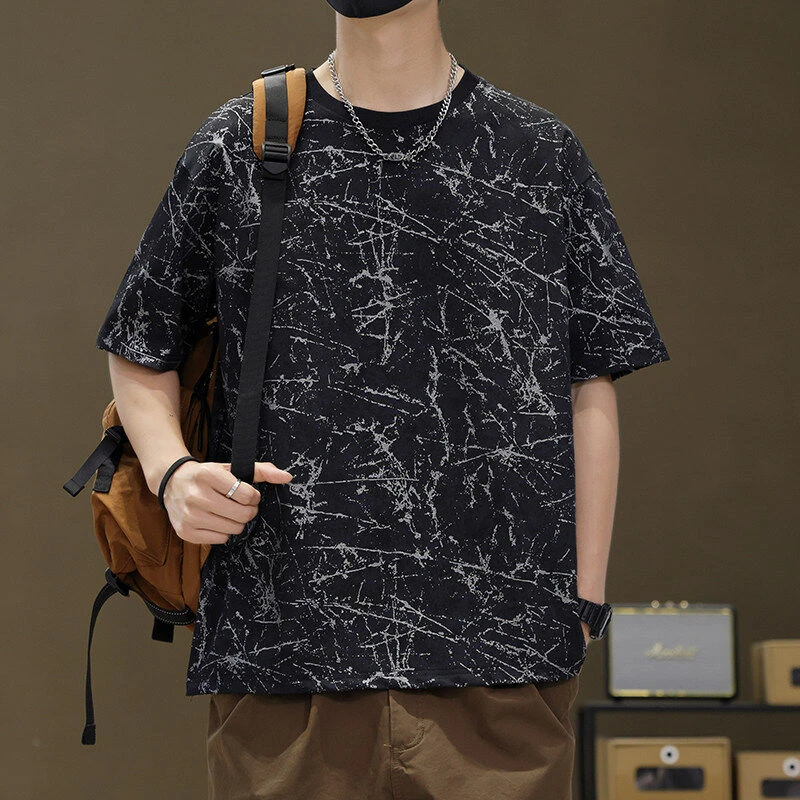 港式青年风烧花扎染烫金圆领短袖T恤2025夏季新款潮流青年77025