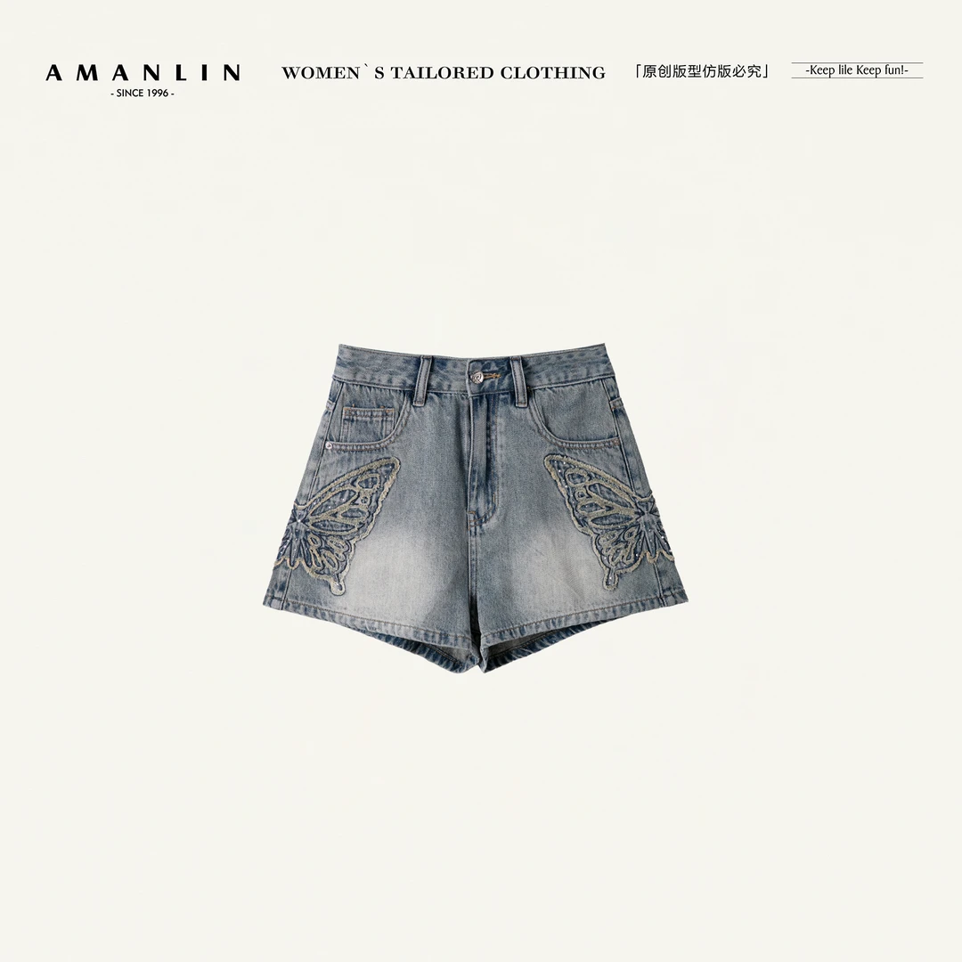 AMANLIN/阿谩琳欧若风低显瘦显重工蝴蝶图案刺绣牛仔短裤F598739