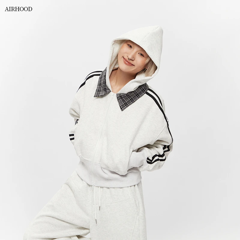AIRHOOD 复古连帽拼接设计感高腰短款卫衣女拉链学生休闲外套9330