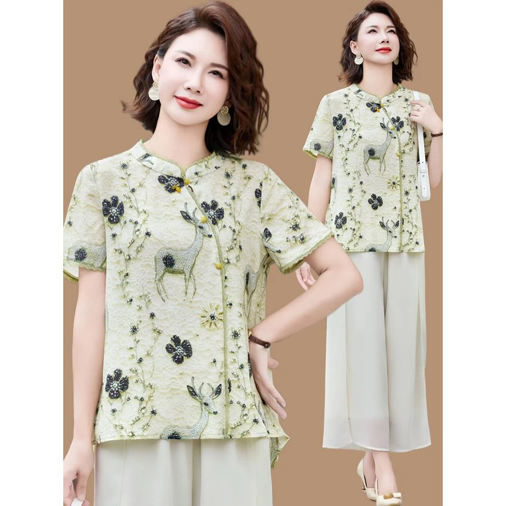 洋气妈妈夏装新中式小衫套装2025新款中老年女短袖国风上衣两件套