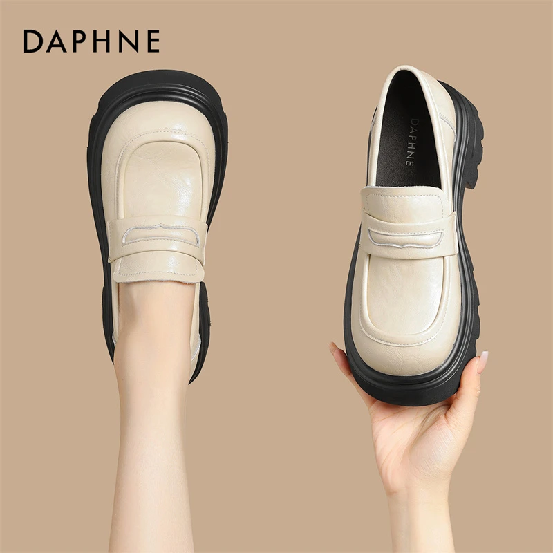达芙妮白色厚底乐福鞋女春季2025新款粗跟单鞋英伦风小皮鞋女鞋