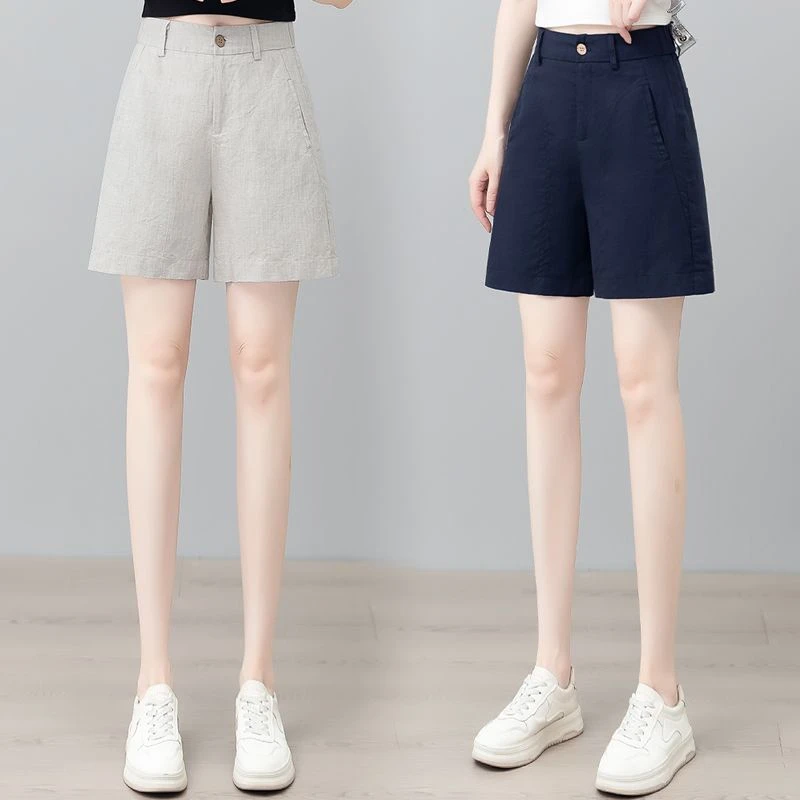 天丝亚麻a字阔腿短裤女夏季新款宽松显瘦百搭四分直筒休闲热裤子