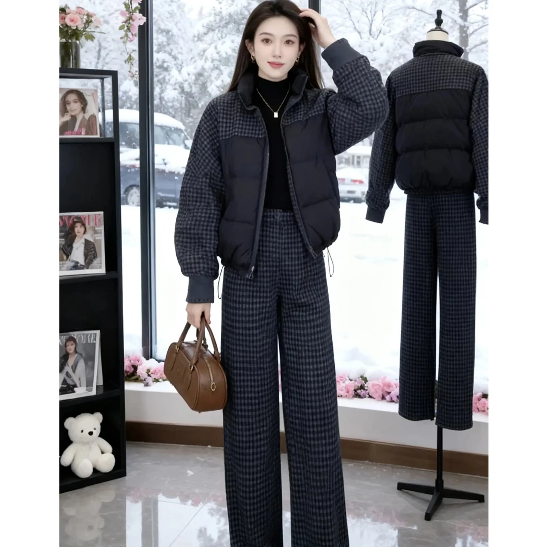 时尚套装女2025冬季新款加厚格纹毛呢拼接棉服外套阔腿裤两件套潮