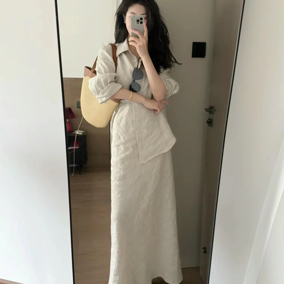 休闲套装女2025年简约翻领宽松长袖衬衫秋季百搭半身长裙两件套