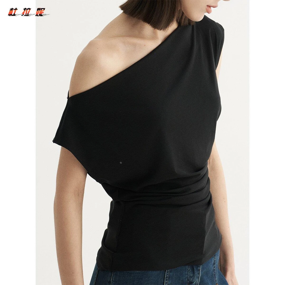 杜拉妮露肩黑色一字肩纯欲甜辣上衣修身短袖一字领斜肩T恤女夏季