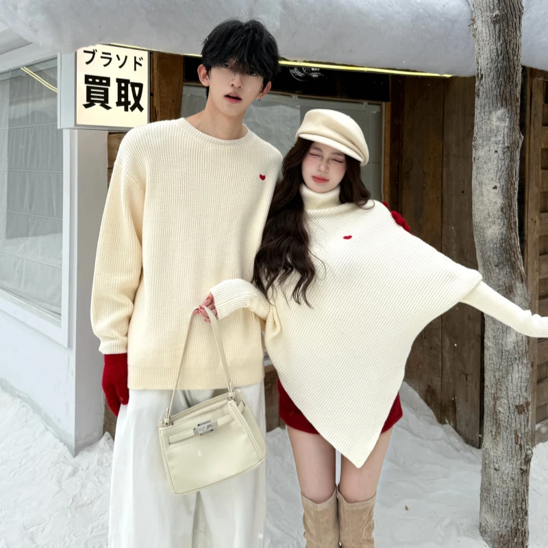 情侣装2025法式小众女不规则斗篷毛衣爱心慵懒风针织衫男圆领套头