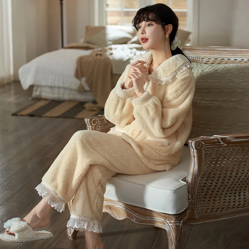 可爱风「加厚加绒」保暖睡衣女冬珊瑚绒法兰绒毛绒秋冬可外穿甜美