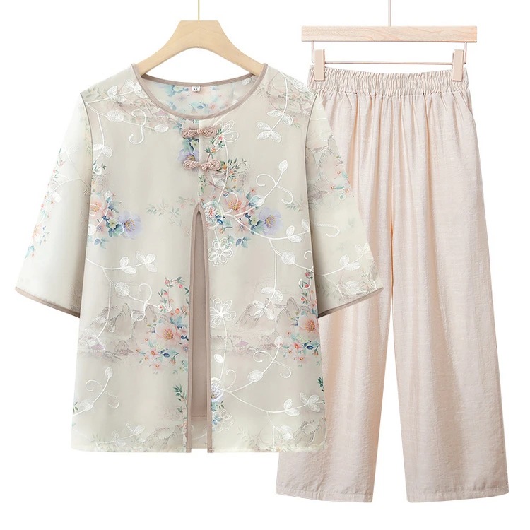 中老年女装夏装2025新款套装妈妈上衣服奶奶装夏季薄款假两件T恤