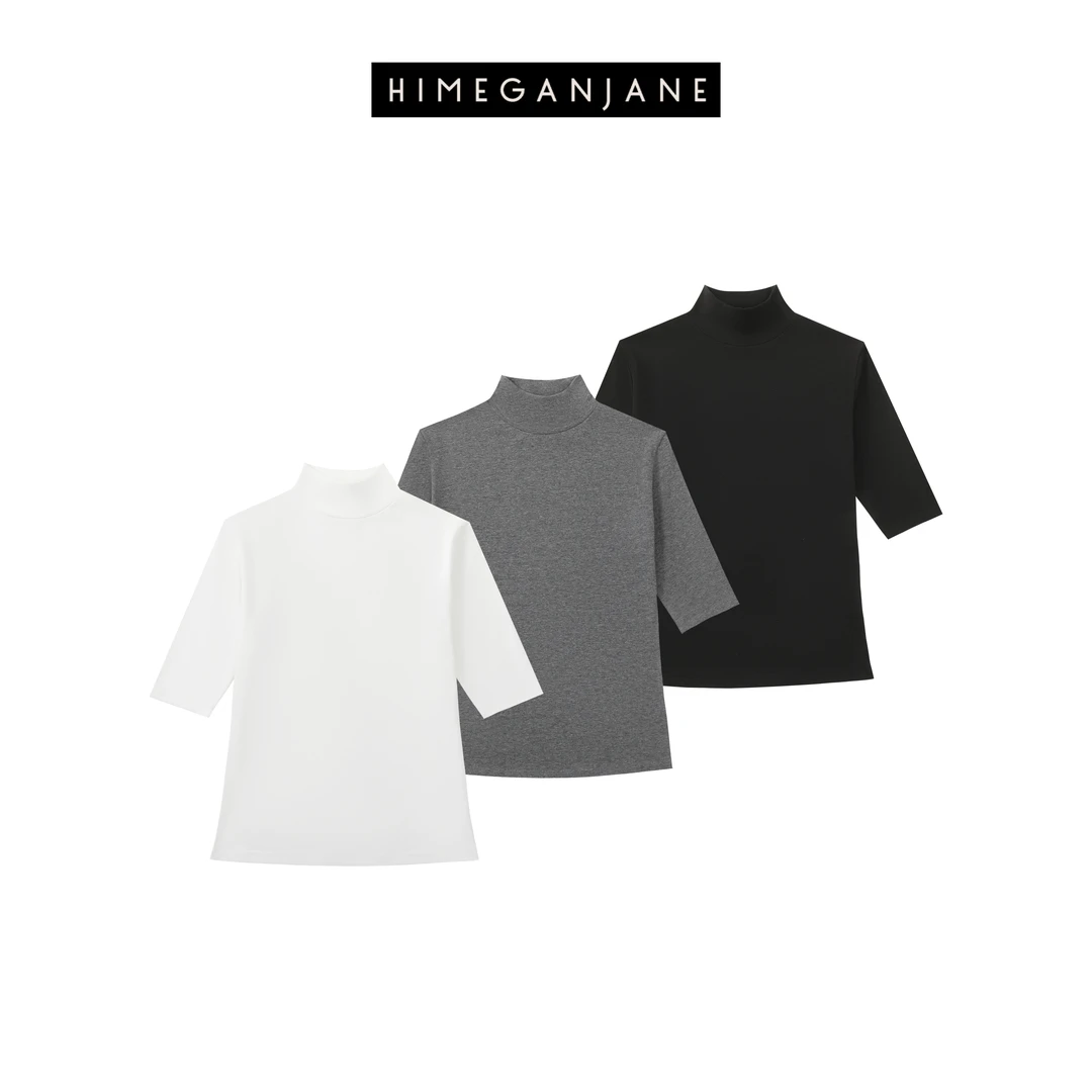 HIMEGANJANE “瘦瘦tee”中袖半高领 柔软细腻天丝棉极简上衣81332