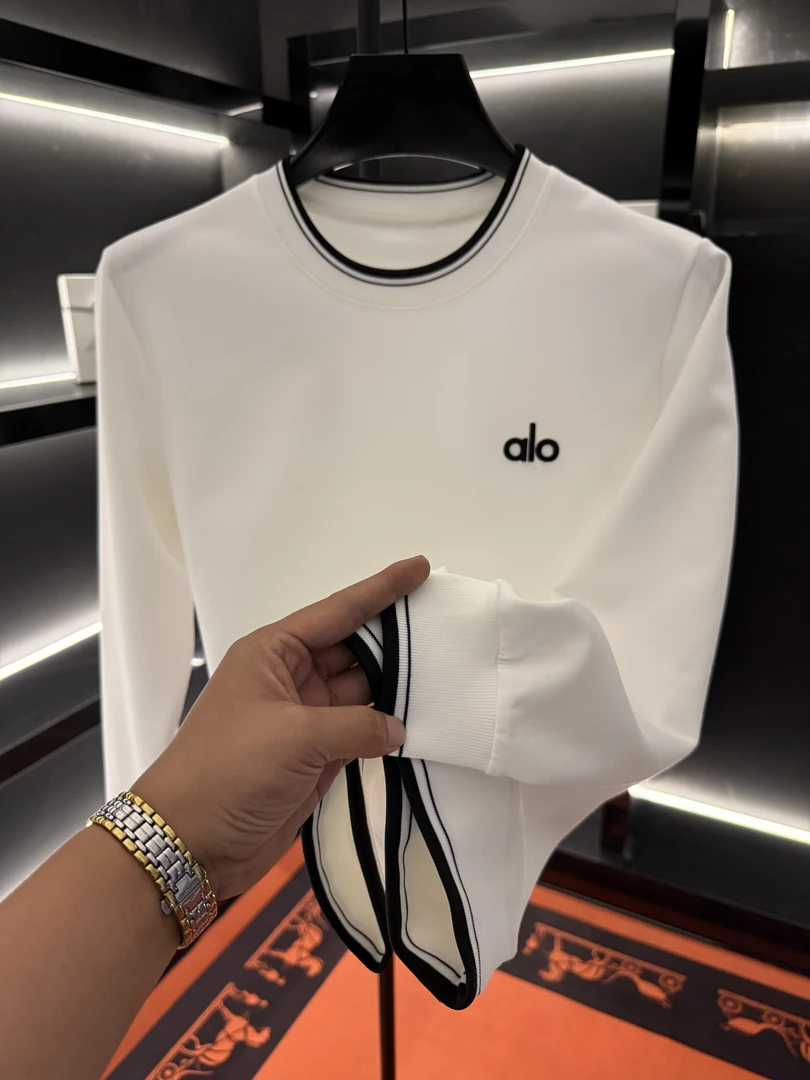 时尚潮流高端奢品男款长袖刺绣大气休闲圆领T恤白色轻奢（ALO)