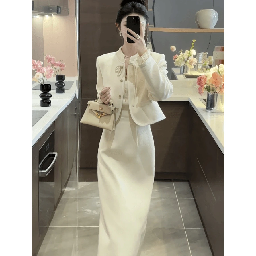 【2958人收藏】入秋一整套时尚小香风开衫外套复古国风连衣裙两件套