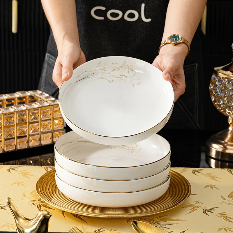 【电光金】谷雨清兰8英寸深窝盘4只装高端大号创意圆盘深盘