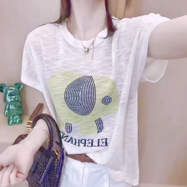 夏季薄款字母小象短袖冰麻竹节棉减龄宽松显瘦爆款圆领上衣T恤女