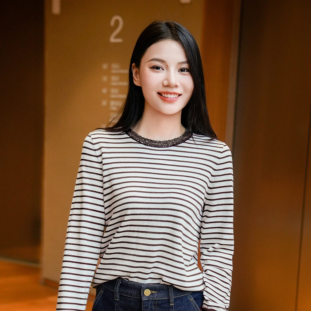 谭飞可露丽条纹衫早秋新款醋酸棉曲珠纱长袖针织衫上衣女
