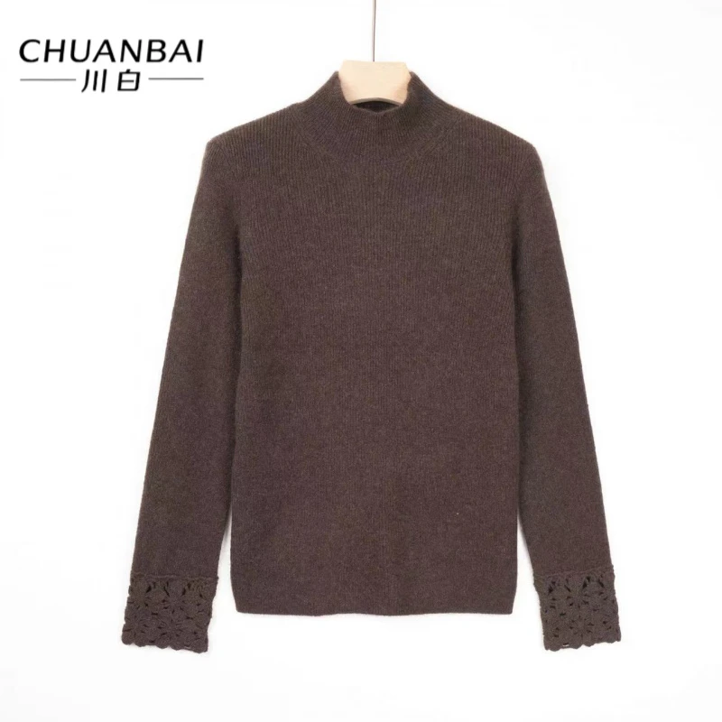 【大劳专属】CHUAN BAI 牦牛绒半高领纯色重工镂空时尚套头衫-1625