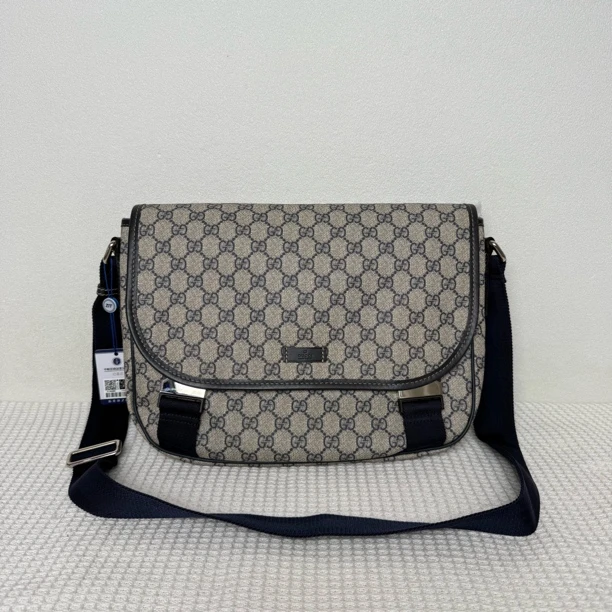 99新 GUCCI/古驰 97新/5968男士时尚经典蓝老花双扣邮差包