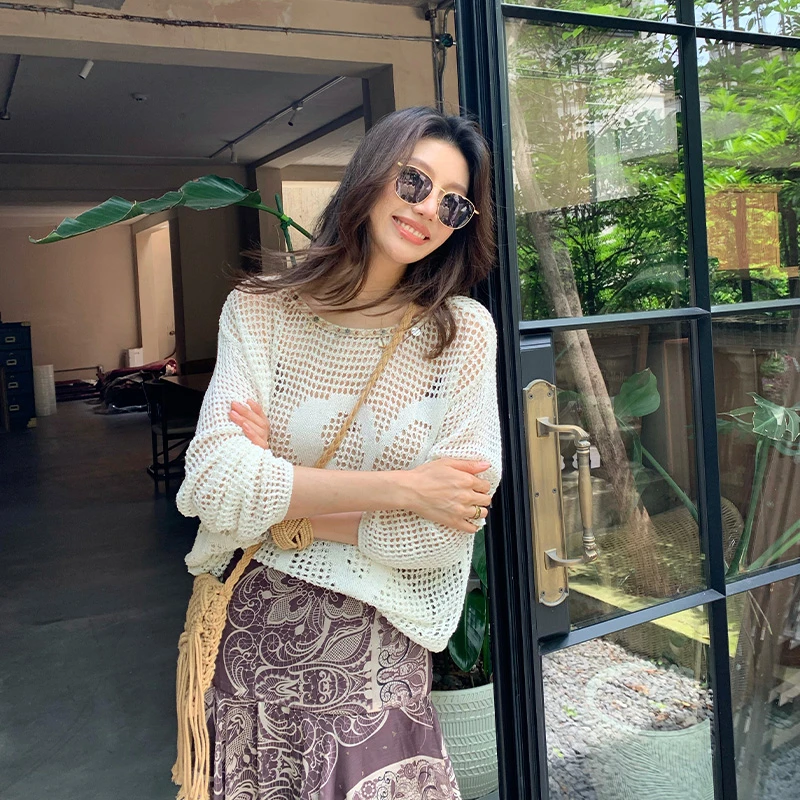 龍喜儿 小白花  慵懒镂空圆领上衣罩衫K197