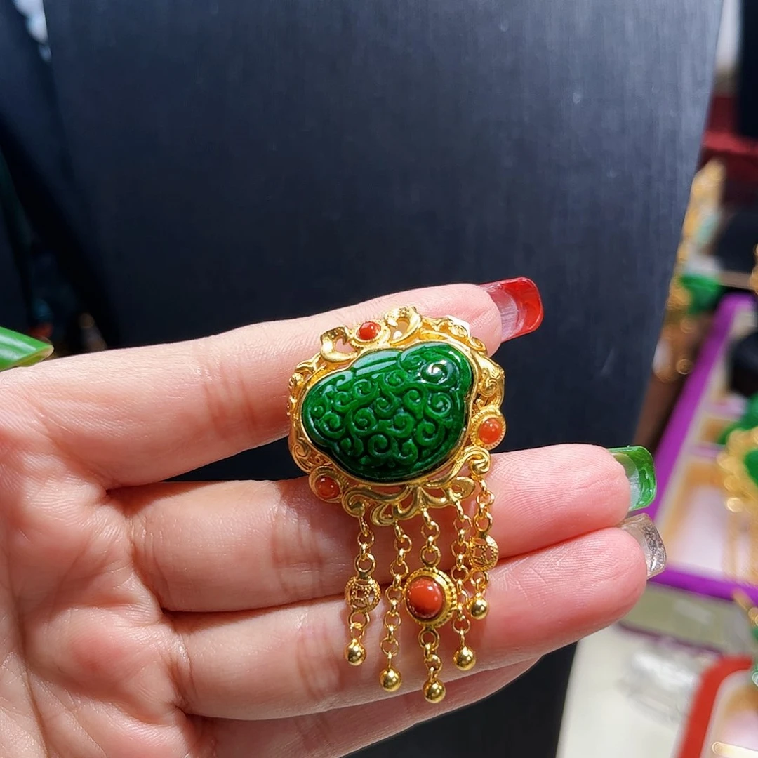 【闪购商品】翡翠戒指银S925镀金镶嵌如意