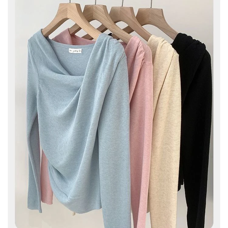 法式别致荡领扭褶斜领显瘦长袖针织衫女初秋温柔风韩系设计感上衣