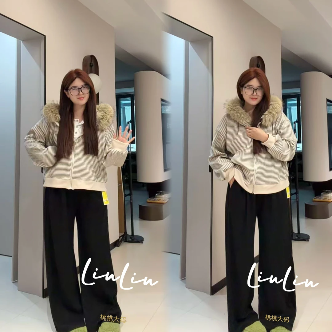 新款复古慵懒风大码条纹连帽外套黑色显瘦阔腿裤套装