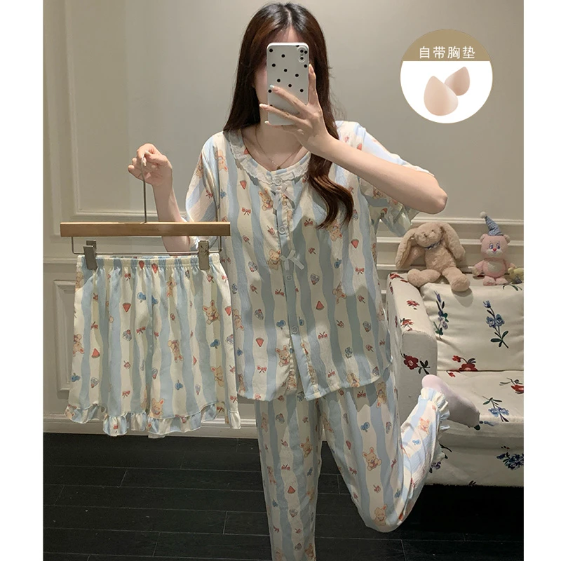 可爱萌兔睡衣女夏季战袍卡通圆领短袖长裤三件套装学生家居服