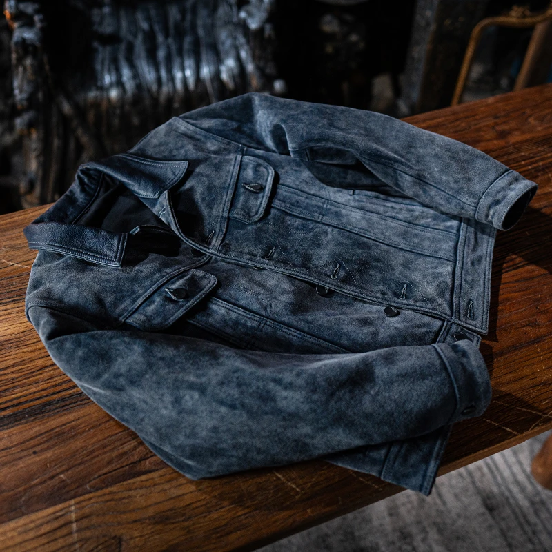 莫臣男装真皮皮衣雪花洗蓝色反绒牛皮翻领外套春秋短款夹克F507L