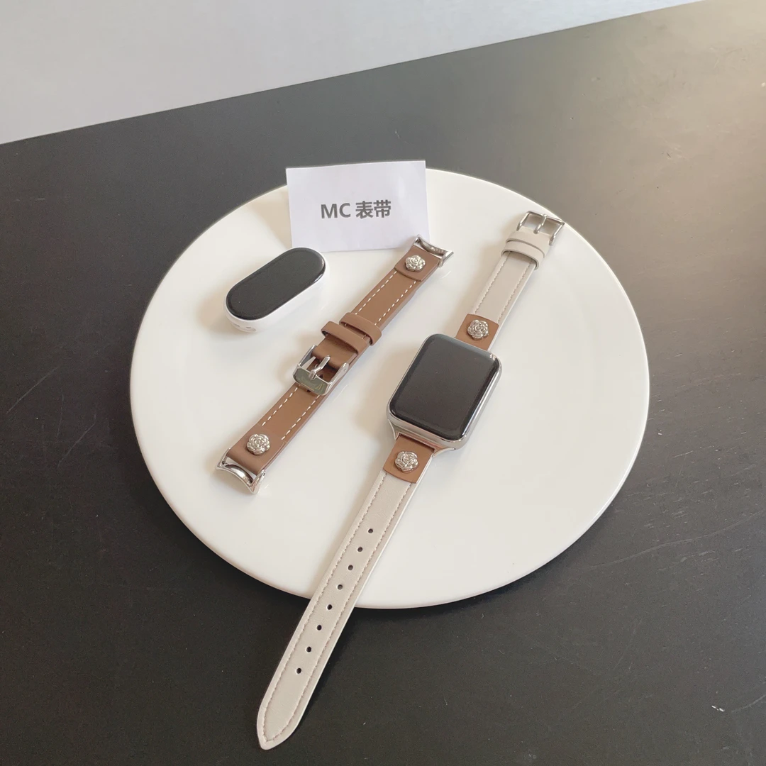 MC轻奢山茶花小米手环9pro表带8pro秋冬真皮小米手环10/9/8代腕带
