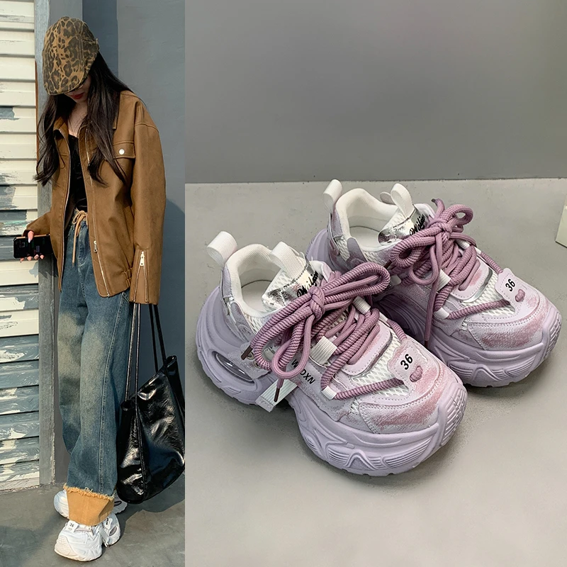 擦色松糕厚底老爹鞋女新款春秋百搭网面透气小个子增高休闲运动鞋