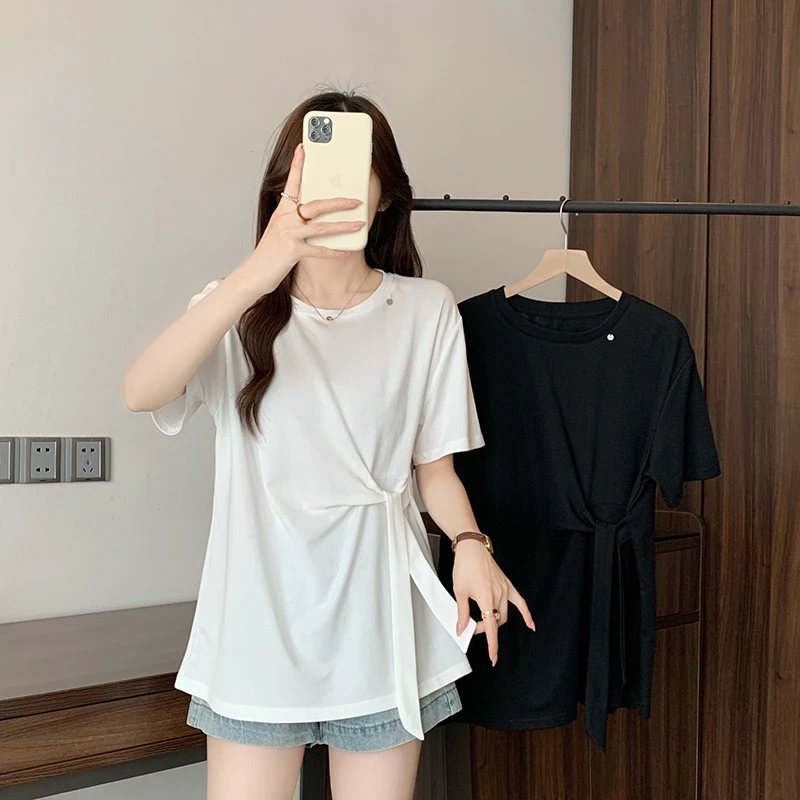 2025夏装新款胖mm大码女简约百搭圆领飘带设计感短袖T恤33982