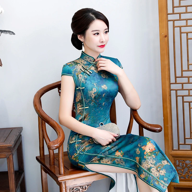 DouKox轻奢2021春夏季长款丝绸旗袍修身显瘦连衣裙日常走秀改良年