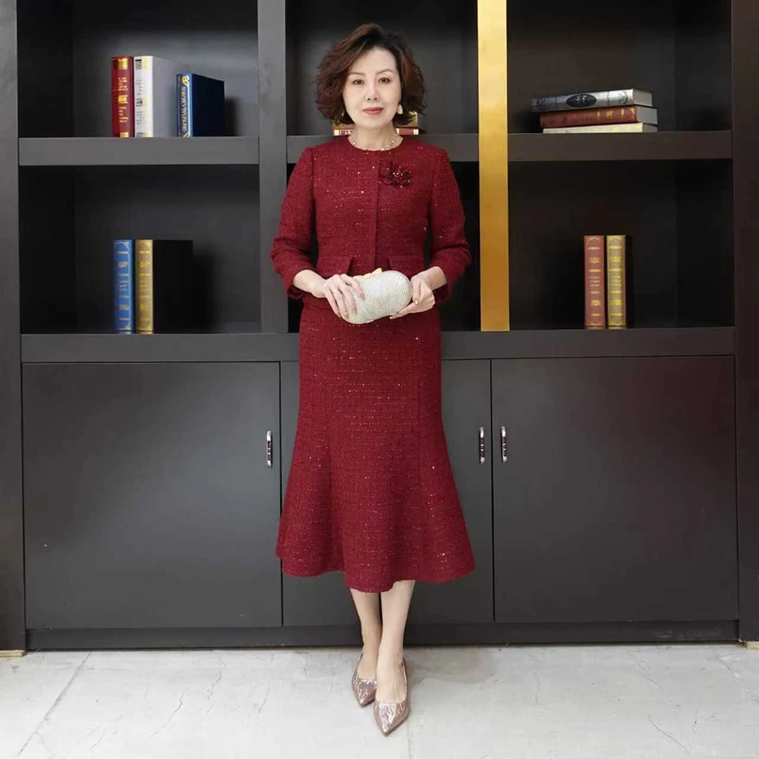 YINGDAK/应大酒红色复古鱼尾小香风连衣裙修身喜婆婆喜妈妈礼服裙
