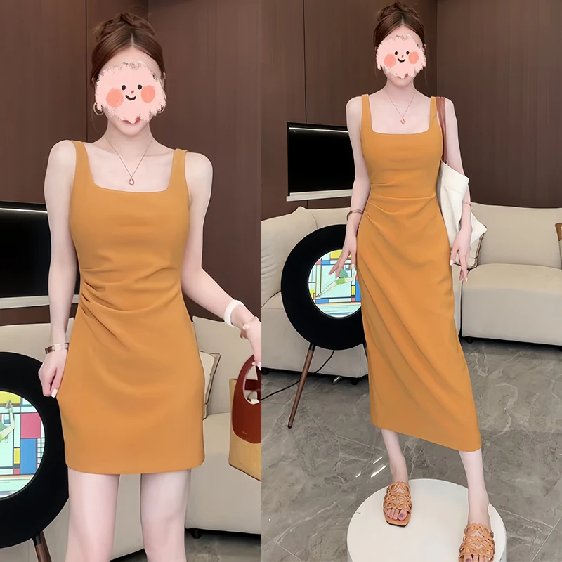 后妈裙气质款短款裙子2025夏季新款爆款洋气吊带方领无袖连衣裙女