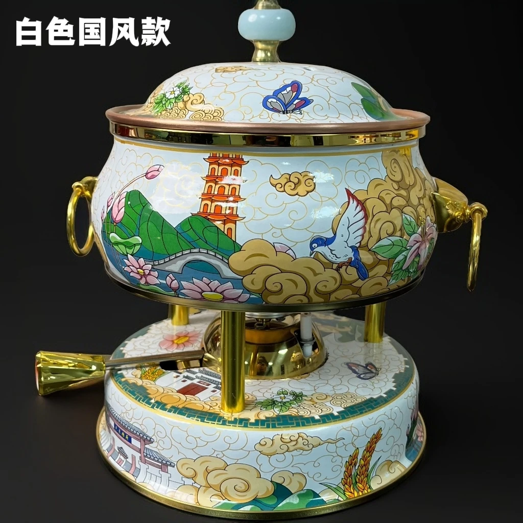 景泰蓝单人充气小火锅一人一锅一位自动打火铜火锅家用小型瓦斯炉