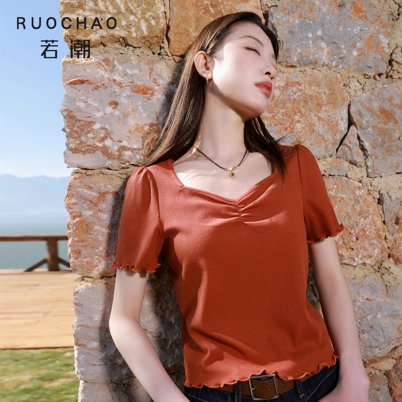 【商城专享】三彩大码女装秋季方领纯欲风小衫套头T恤上衣