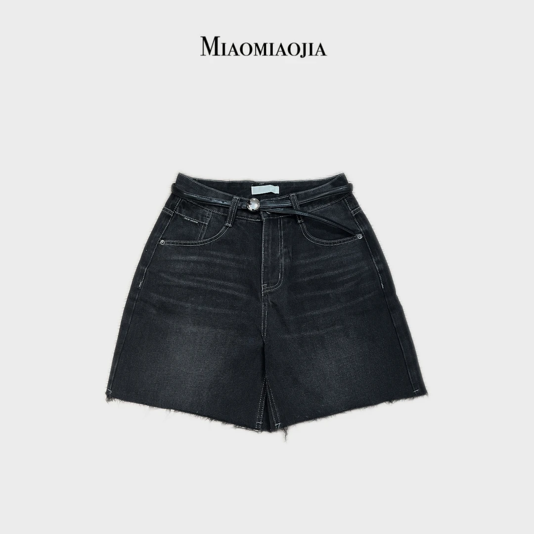 /苗苗家/『不羁黑浪』时尚百搭潮流显瘦洋气毛边牛仔五分裤