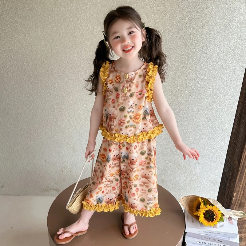 女小童小熊套装夏款2025新款女宝宝洋气背心夏装小女孩韩版两件套