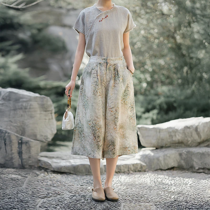 新中式女装夏季新亚麻印花分阔腿裤女设计感国风复古高腰裙裤宽松