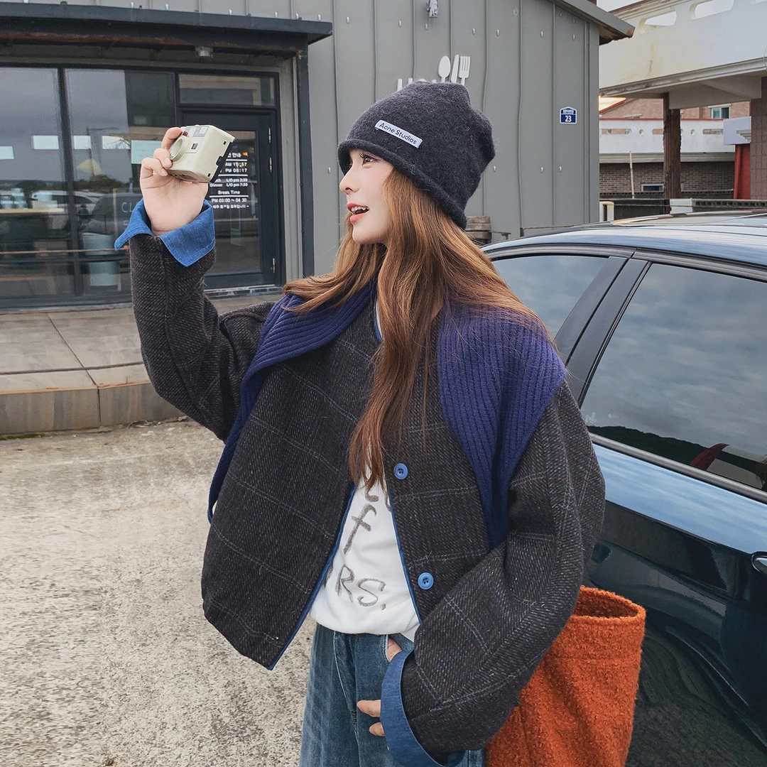 小个子短款毛呢外套女2025冬季新款韩系撞色拼接松弛感披肩呢大衣