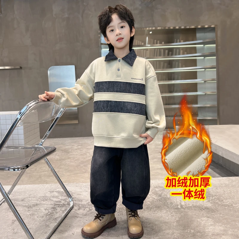 中班仔童装男童套装秋冬装新款加绒加厚卫衣牛仔裤两件套*ZH2407