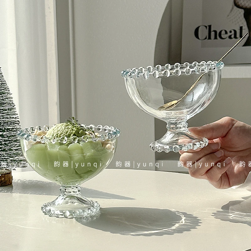 小众珠边矮脚甜品碗冰淇淋雪糕碗糖水玻璃杯果汁冷饮甜点碗带勺