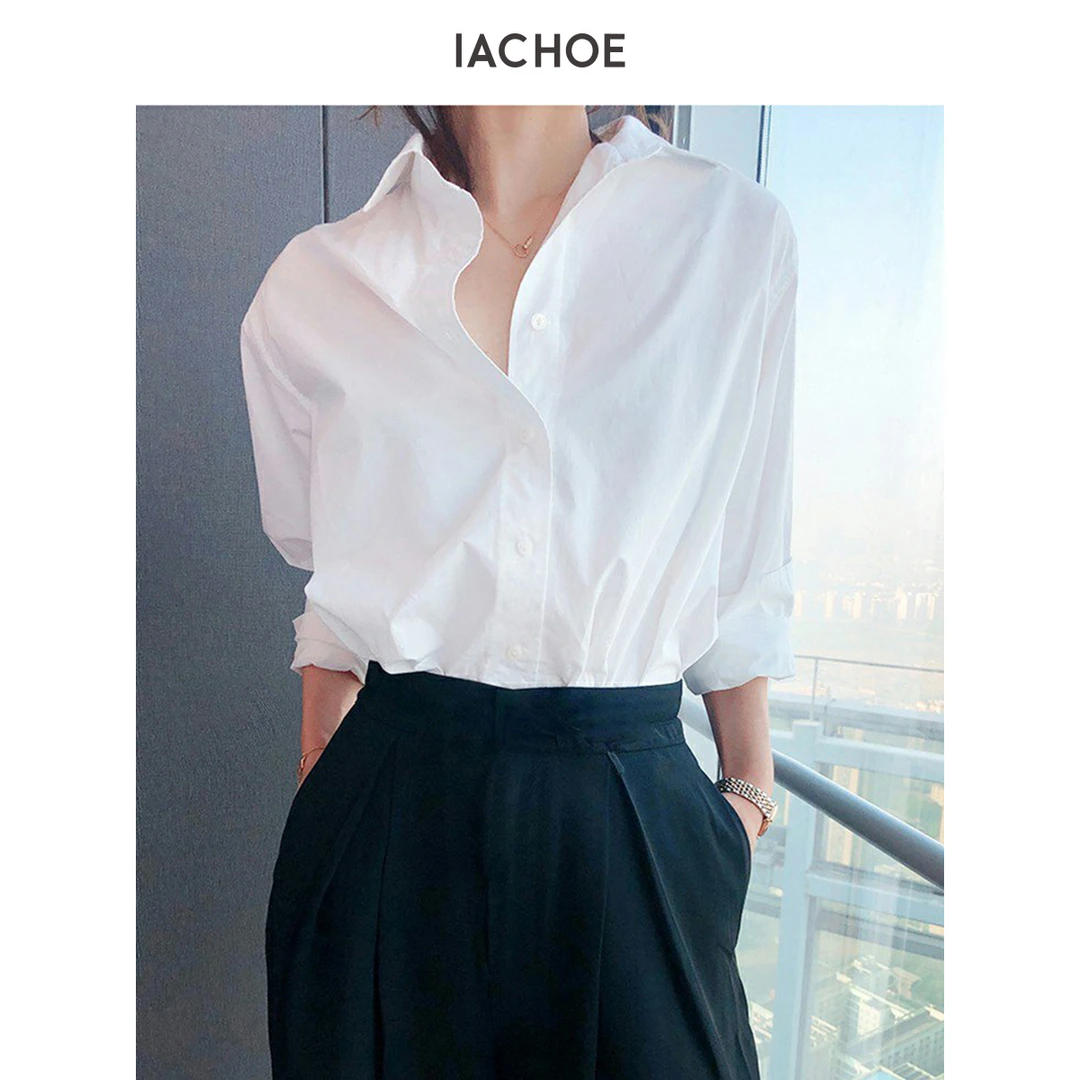 IACHOE【一夜巴黎】轻职风感小众女款长袖白色衬衫3461504001