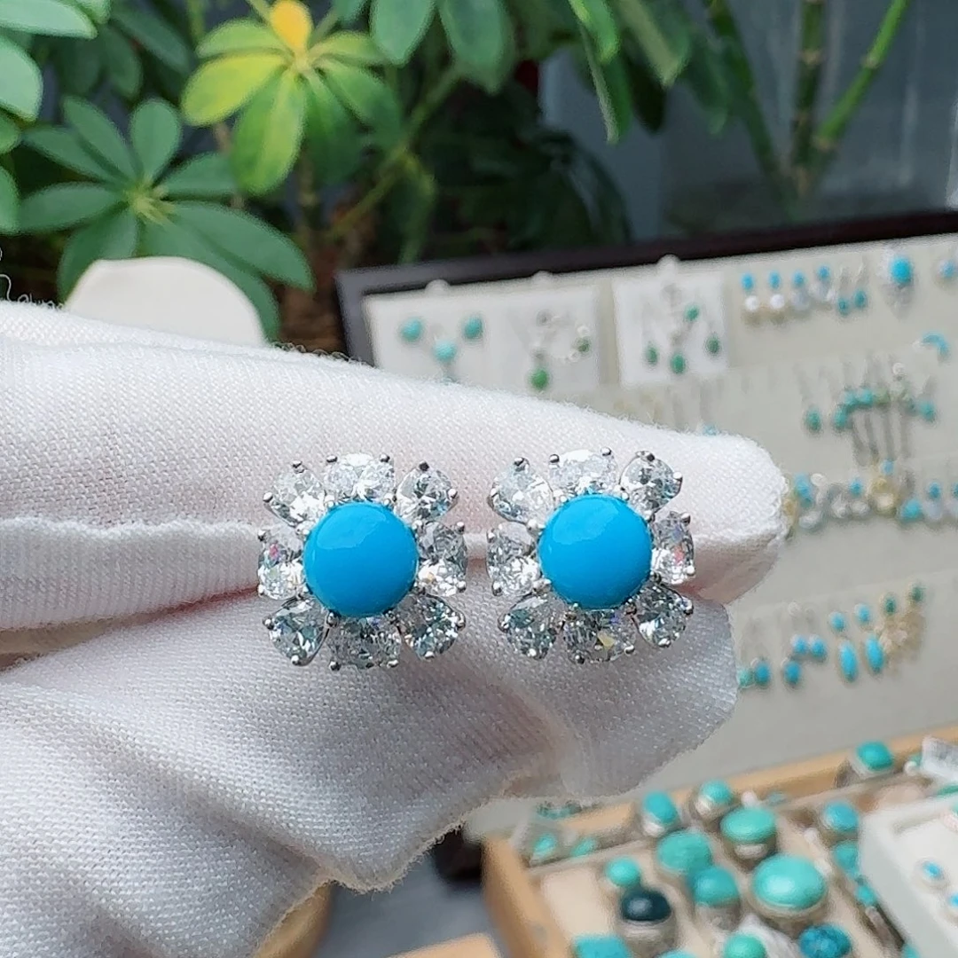 绿松石银S925镶嵌耳饰耳钉