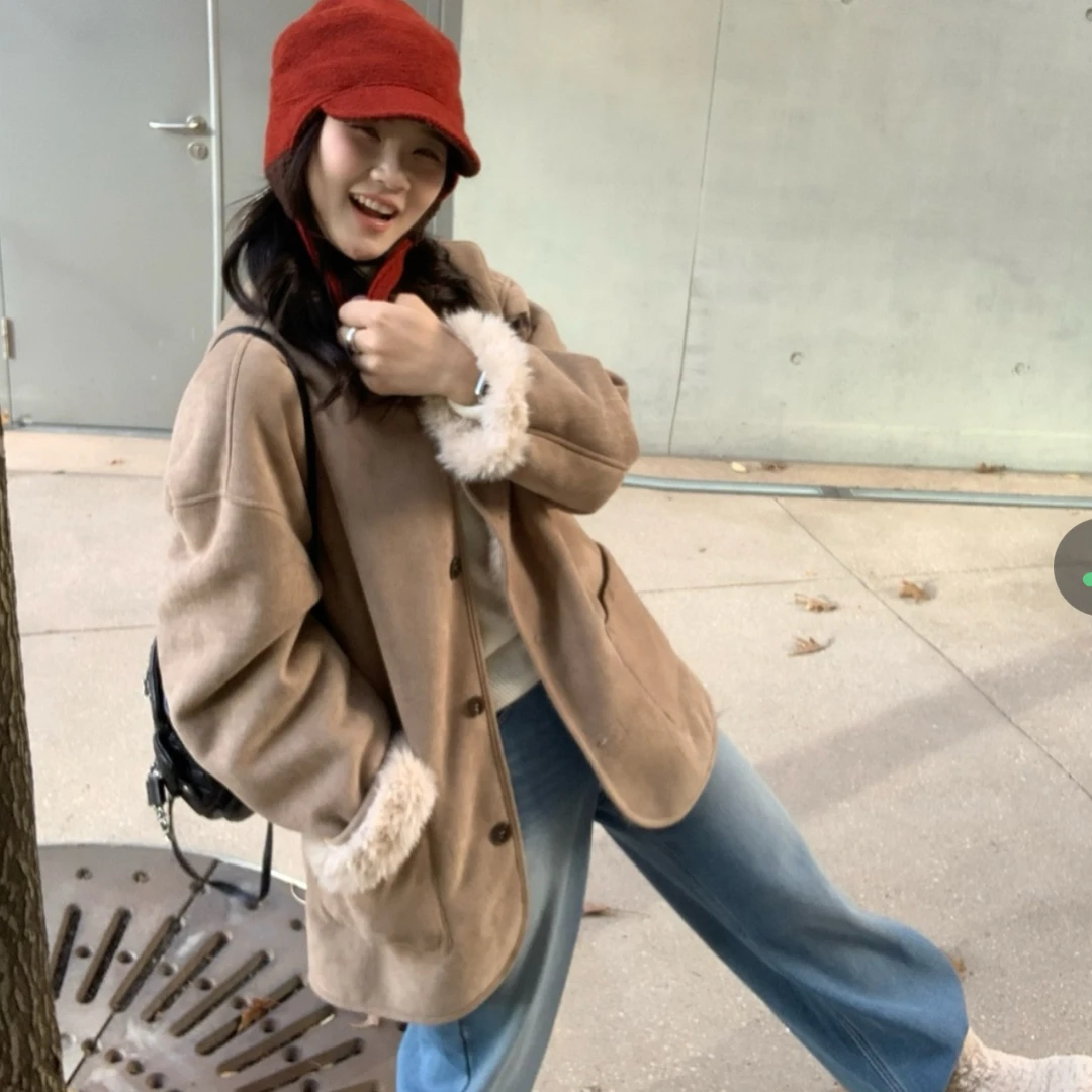 【刘噗噗】冬日氛围感~长毛款两面穿复古感毛毛一体外套5109