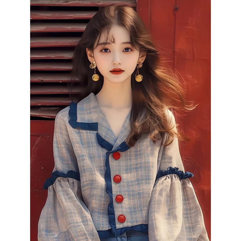 9337 早秋新款法式独特上衣时尚洋气减龄甜美蓝色拼接格子衬衫