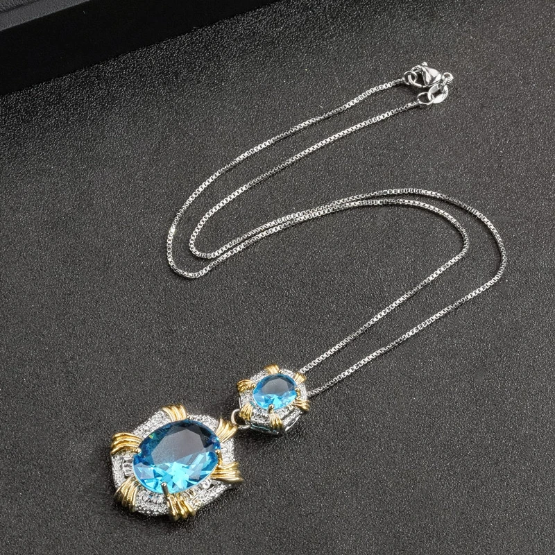 铜合金锆石项链 经典精致时尚气质轻奢蓝色项链7153-2