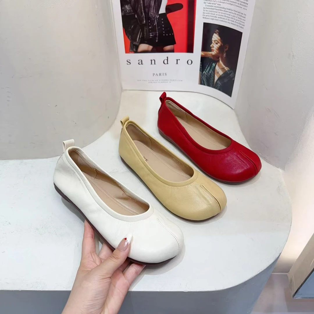 露赏 2025新款假分趾软底软皮奶奶鞋一脚蹬豆豆鞋