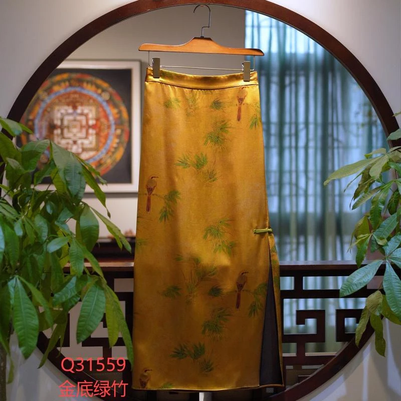 【锦系】真丝重缎老料香云纱新中式国风桑蚕丝左开叉半裙Q-31559