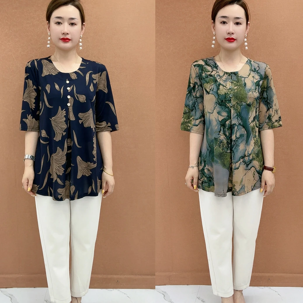 夏季新款妈妈装夏装时尚中袖T恤中老年大码女装宽松加肥加大短袖