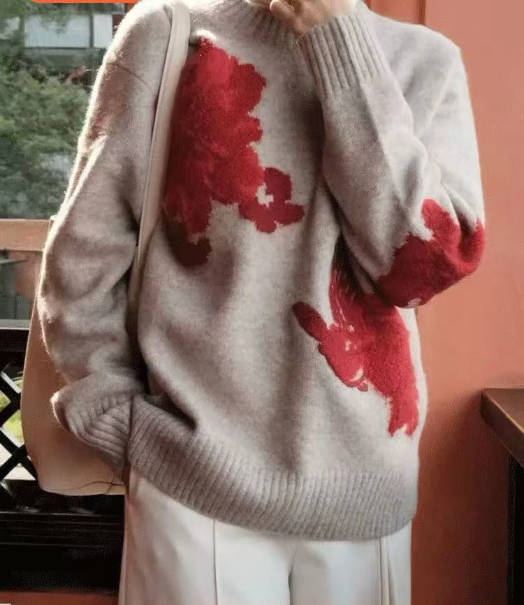 毛衣女2024冬新款喜上梅梢绣花毛衣7676