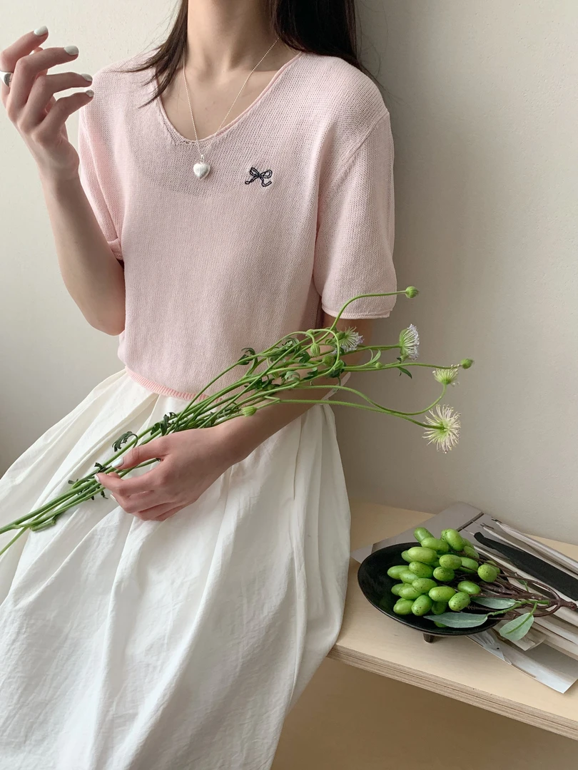 【DUODUO 639909】和纸纱V领针织衫短袖夏季新款女刺绣休闲针织衫